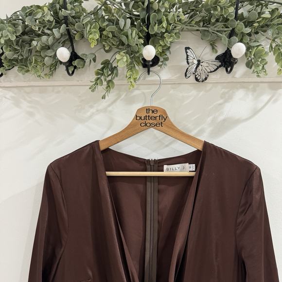Billy j Sunny Daze Dress In Chocolate Satin Midi Long Sleeve Size 10 SN Ruffle - Picture 6 of 6